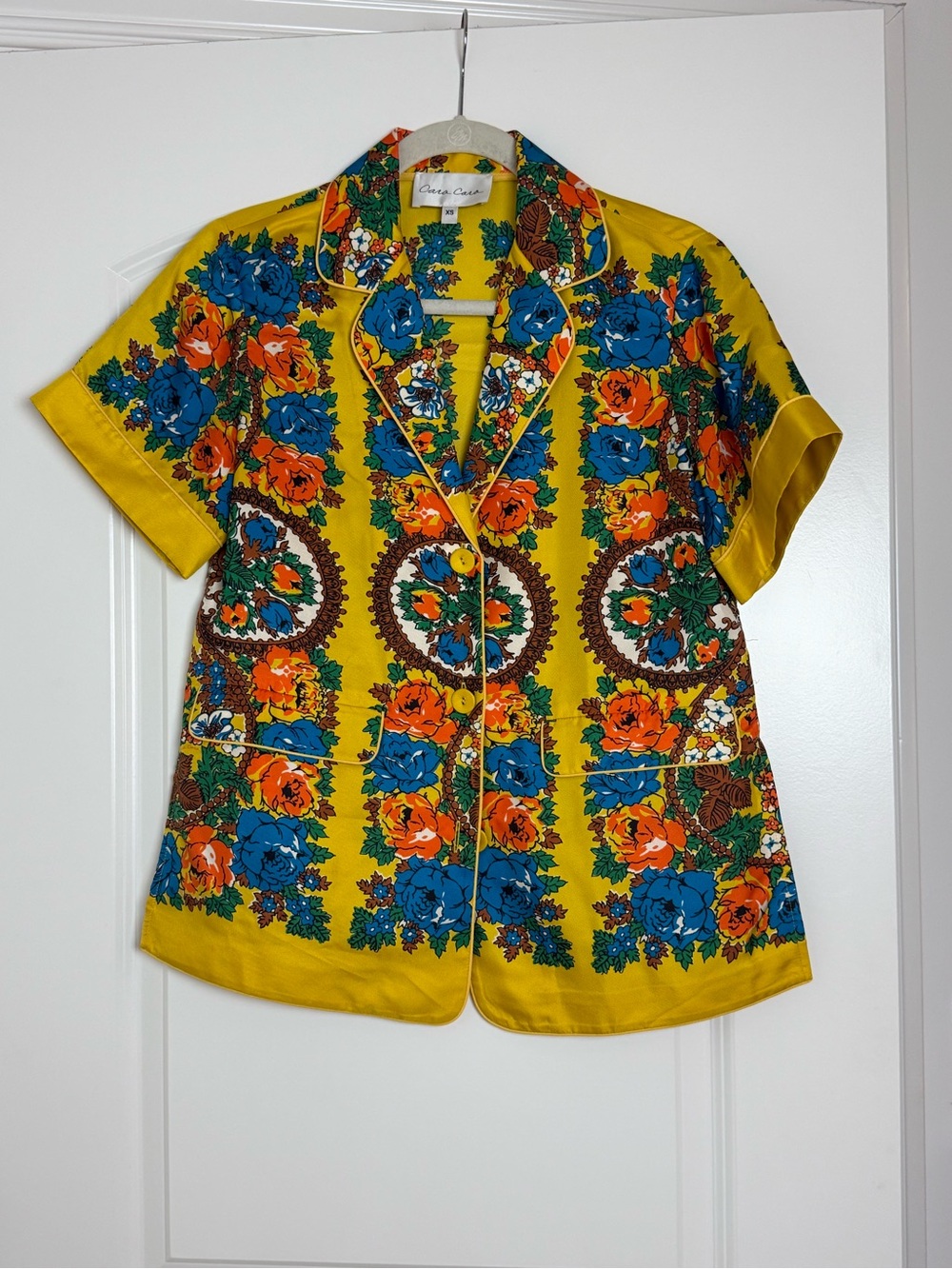 Cara Cara Yellow Floral Button-Up Top with Blue & Green Accents